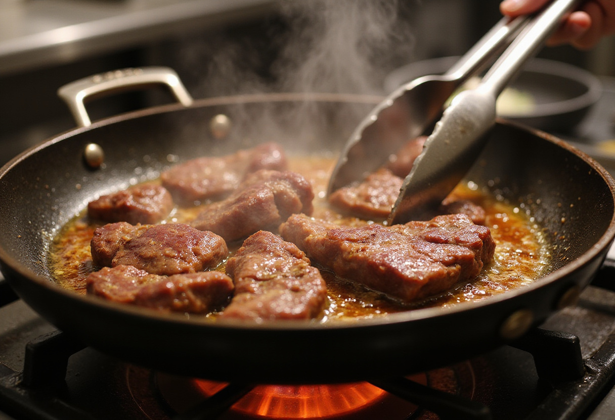 Searing marinated beef strips in a hot skillet for pepper steak, showcasing the cooking process.