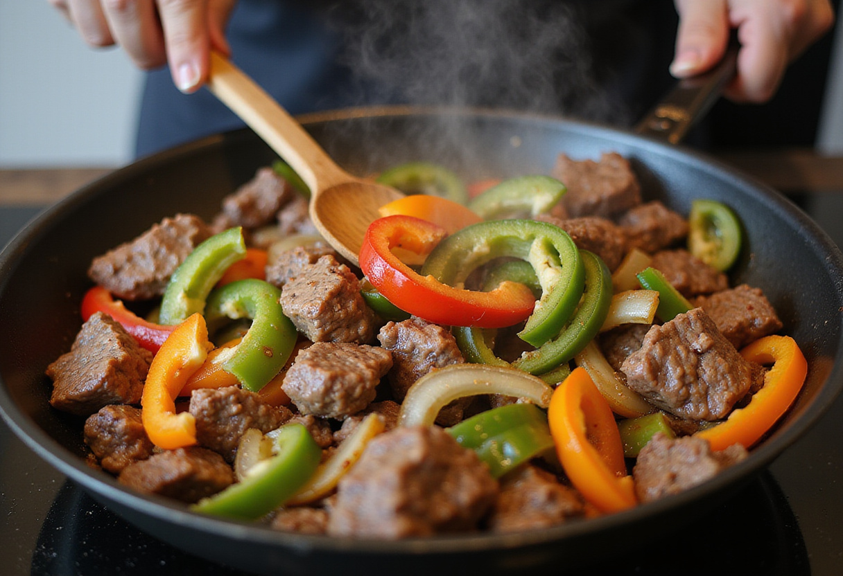 Combining bell peppers and onions with seared beef for pepper steak in a skillet, ready to cook.