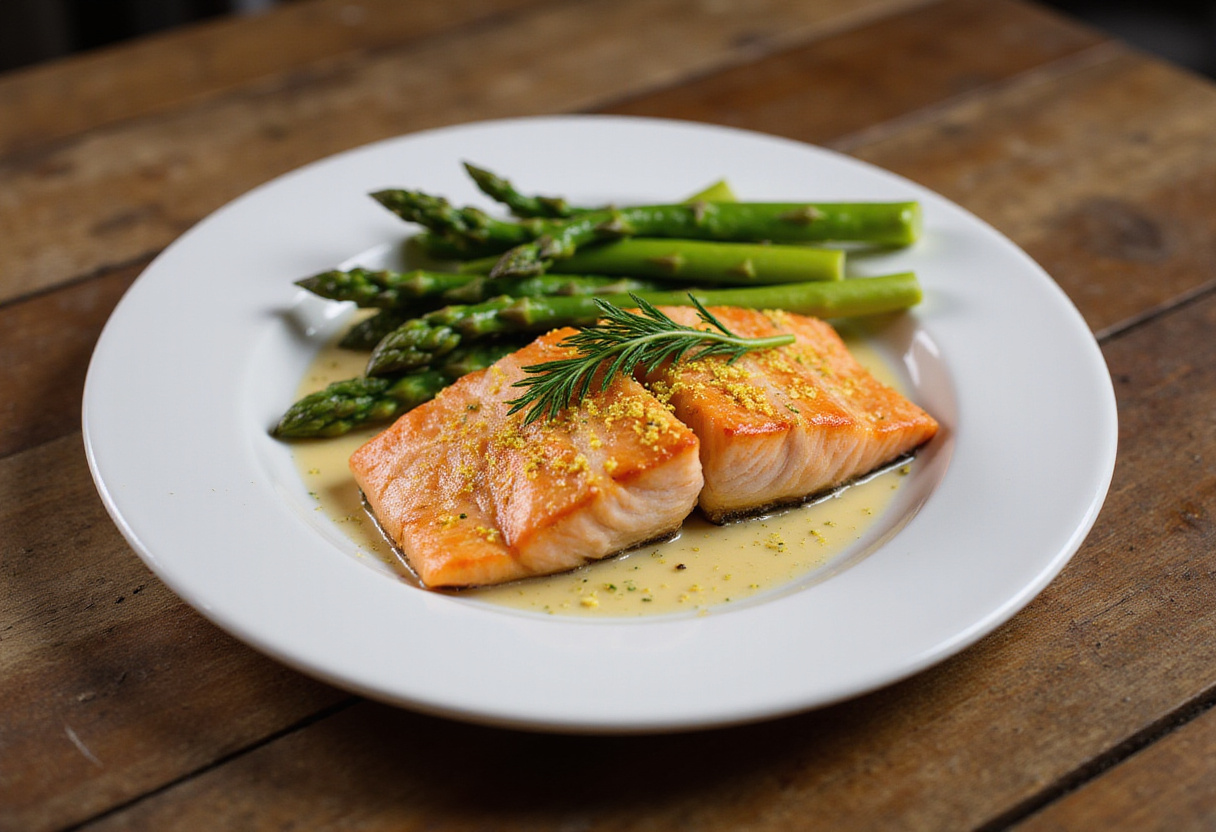 Plated perfectly baked salmon with lemon and dill, accompanied by asparagus, presenting an appetizing and healthy dinner option.
