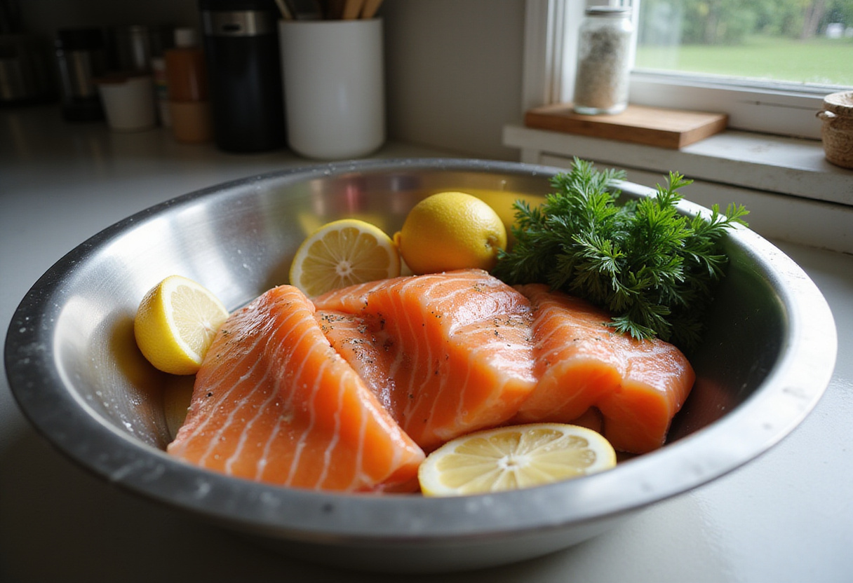 Fresh salmon fillets, lemon slices, and dill ready for seasoning, highlighting a healthy baked salmon recipe with aromatic herbs.