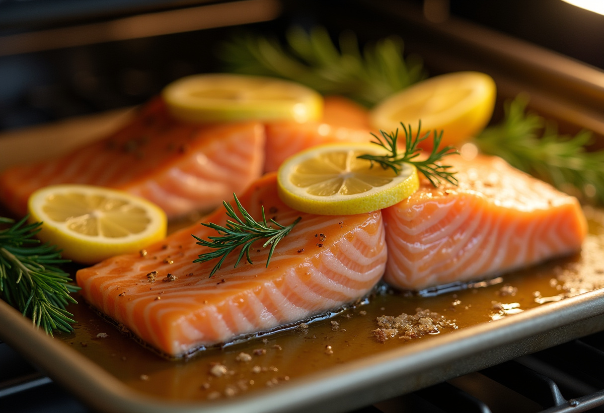 Salmon fillets on a baking sheet, prepared with olive oil, lemon, and dill, showcasing the initial cooking process for a perfectly baked salmon.