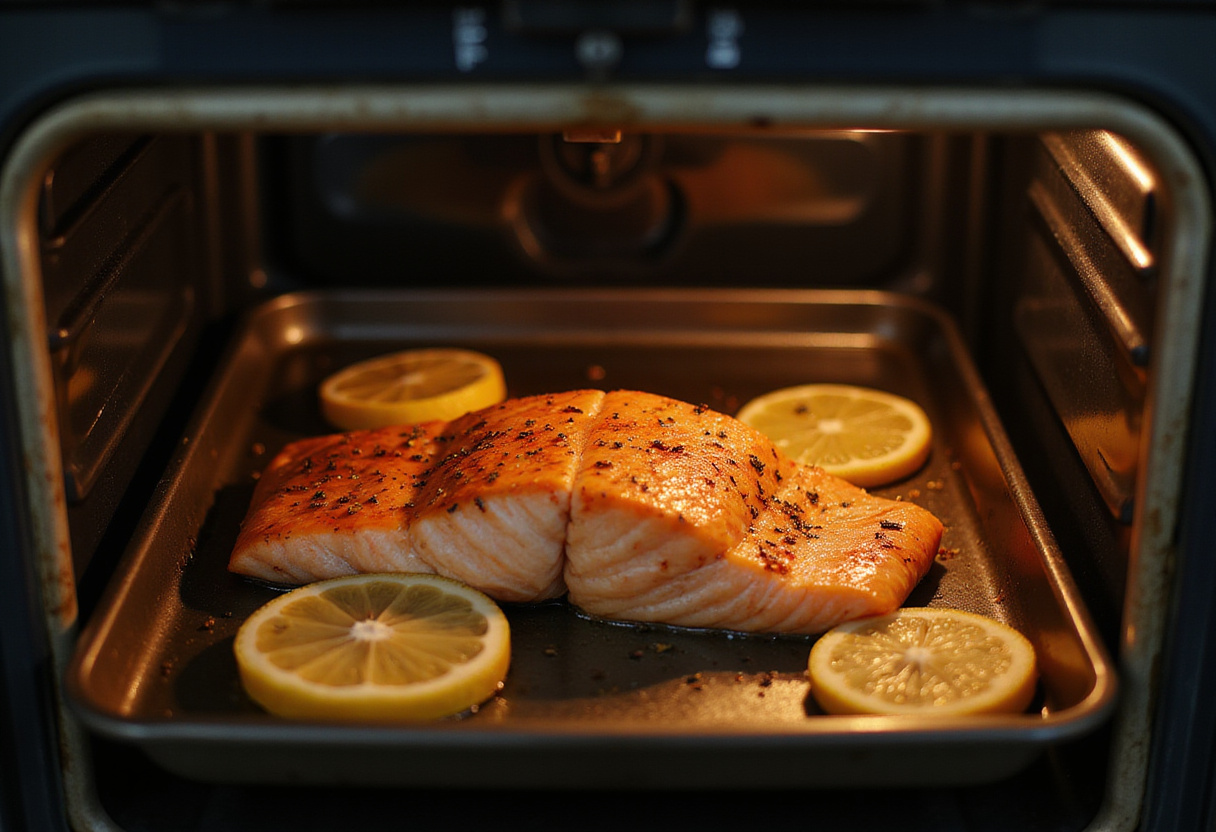 Golden-brown salmon fillet baking in the oven, emphasizing the perfect texture and aroma of the lemon and dill baked salmon.
