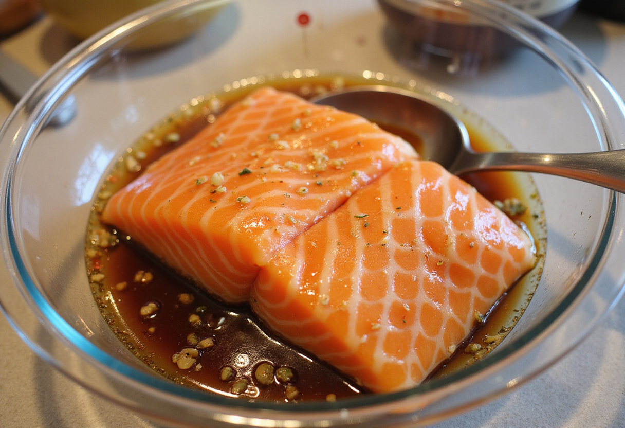 Honey garlic marinade for salmon, fresh ingredients, perfect for a quick 30-minute recipe.
