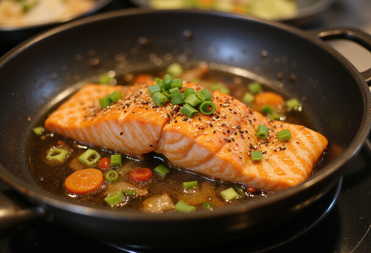 Cooking honey garlic salmon in a skillet, showcasing the delicious marinade and cooking process.