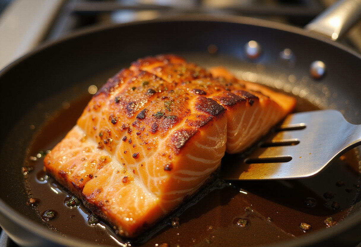 Flipping salmon in a pan, highlighting the crispy texture and the rich honey garlic glaze in full view.