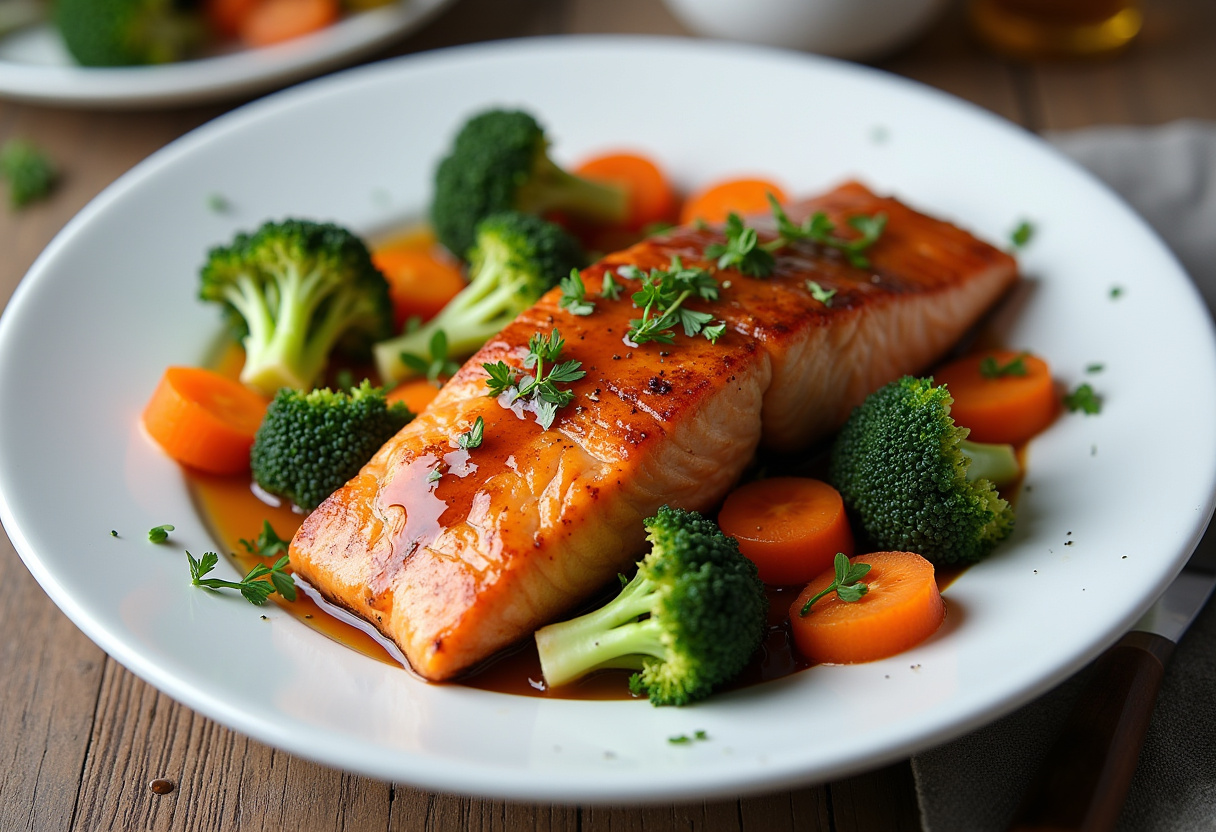 Served honey garlic salmon dish, vibrant colors from vegetables, ideal for a quick and healthy meal presentation.