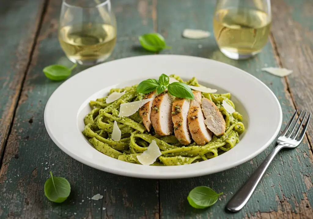 Delicious bowl of Pesto Pasta with Parmesan Chicken Perfection, showcasing vibrant colors and textures, ideal for food lovers and perfect dining experience.