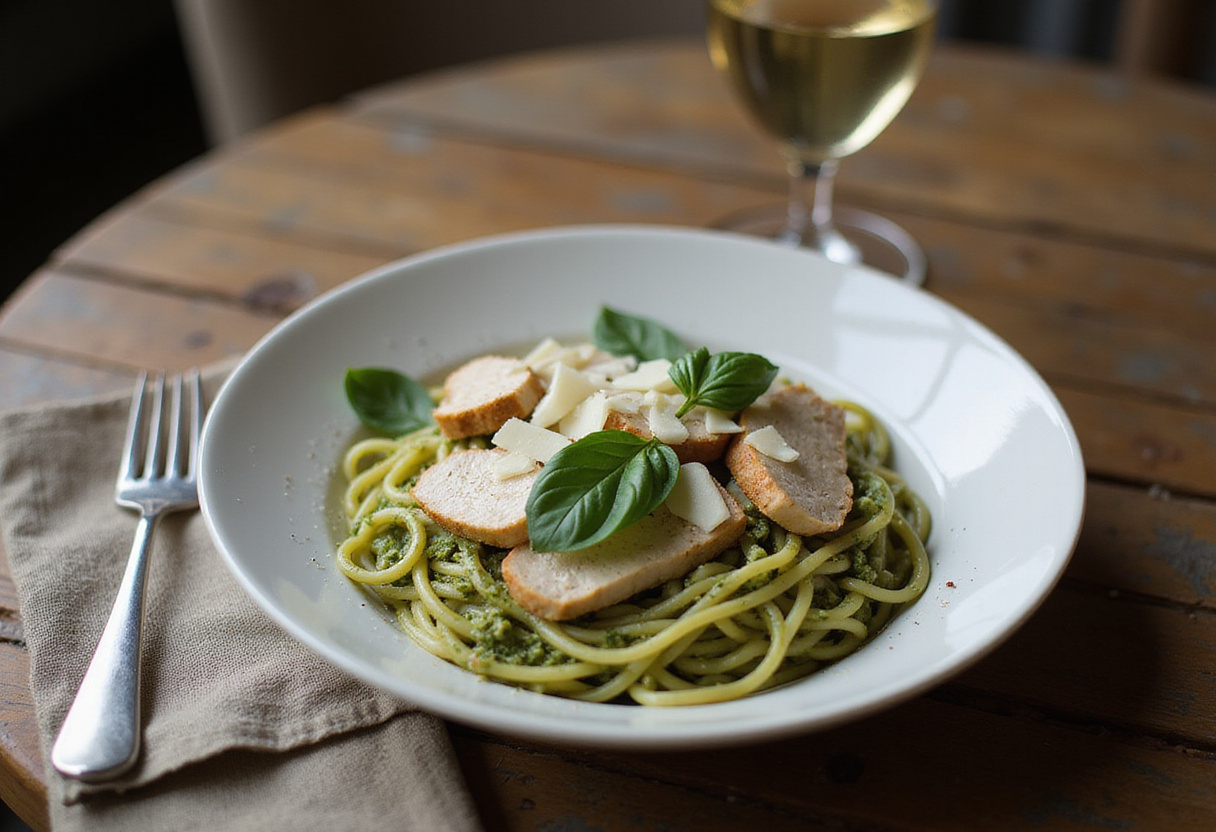 Delicious bowl of Pesto Pasta with Parmesan Chicken Perfection, showcasing vibrant colors and textures, ideal for food lovers and perfect dining experience.