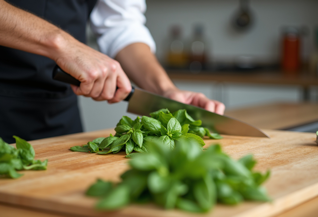 Fresh basil leaves chopped for pesto pasta, essential ingredient for Pesto Pasta with Parmesan Chicken Perfection, showcasing vibrant herbs in a clean kitchen.
