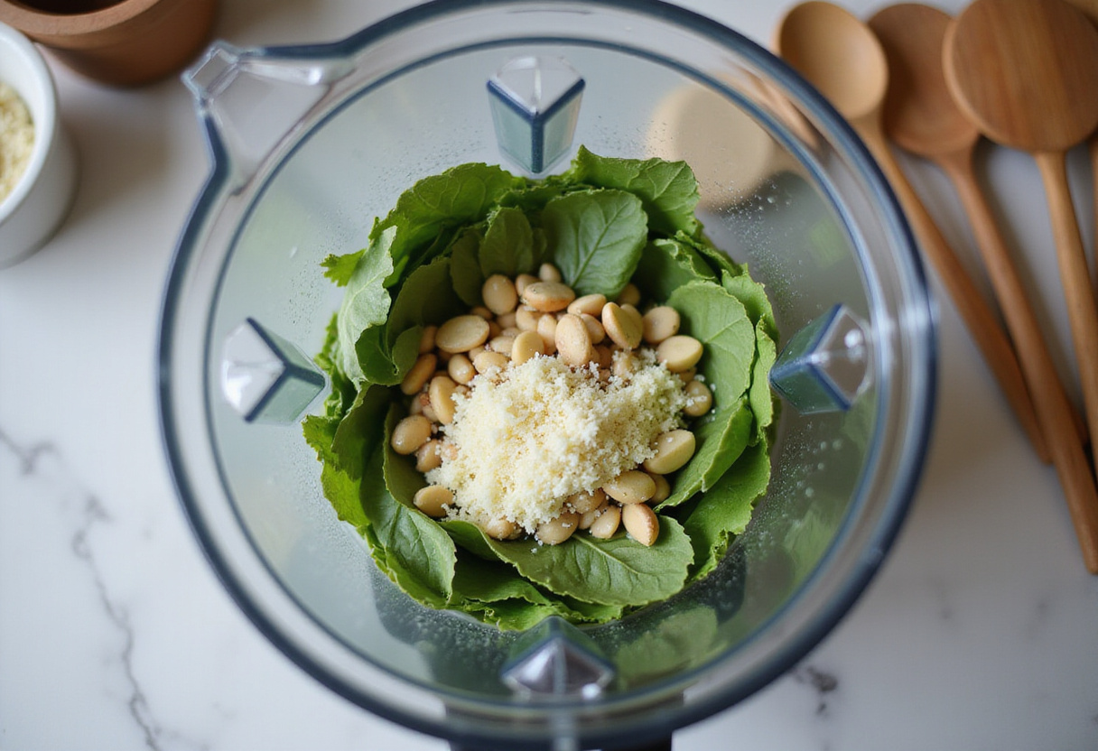 Blending basil, pine nuts, and garlic for a delicious pesto sauce, a crucial step in making Pesto Pasta with Parmesan Chicken Perfection, highlighting essential ingredients in the kitchen.