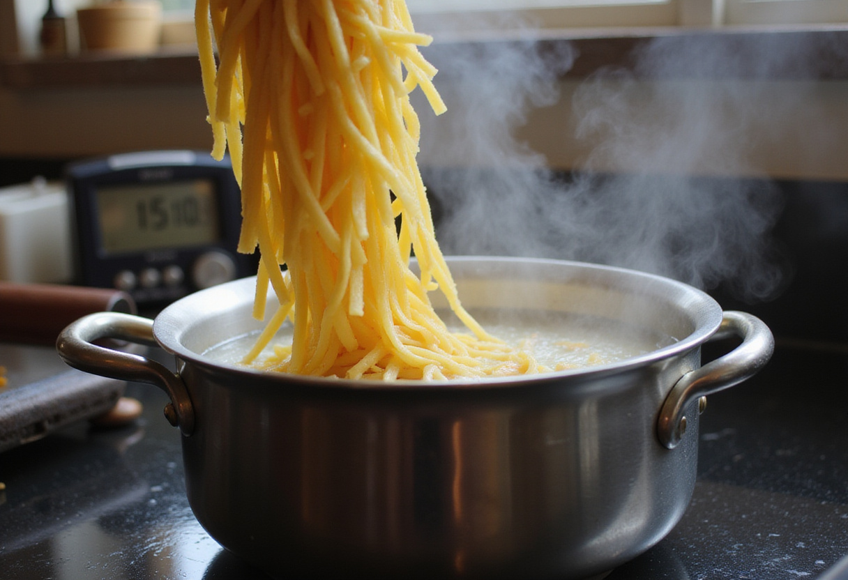 Cooking pasta in boiling water for Pesto Pasta with Parmesan Chicken Perfection, boiling steam and al dente pasta illustrate an important cooking stage.