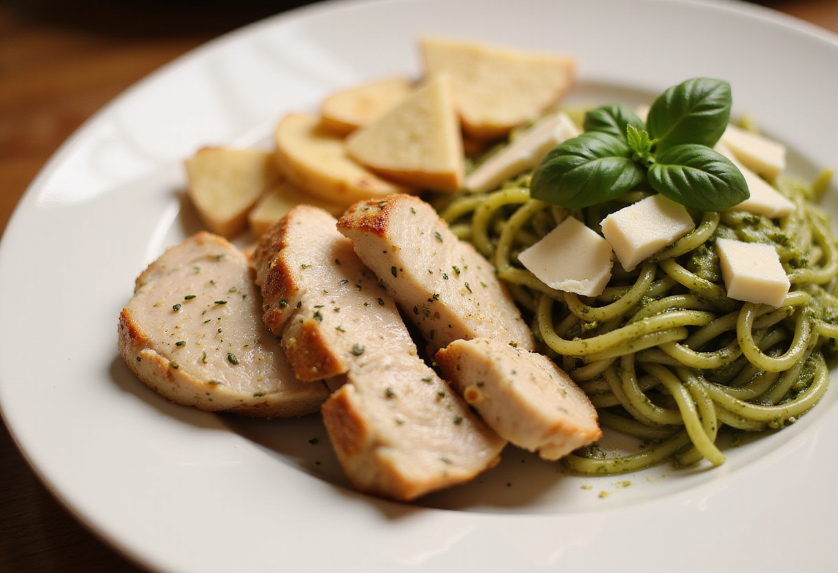 Sliced Parmesan chicken served with pesto pasta, a beautiful presentation for Pesto Pasta with Parmesan Chicken Perfection, focusing on plate aesthetics and garnishing.