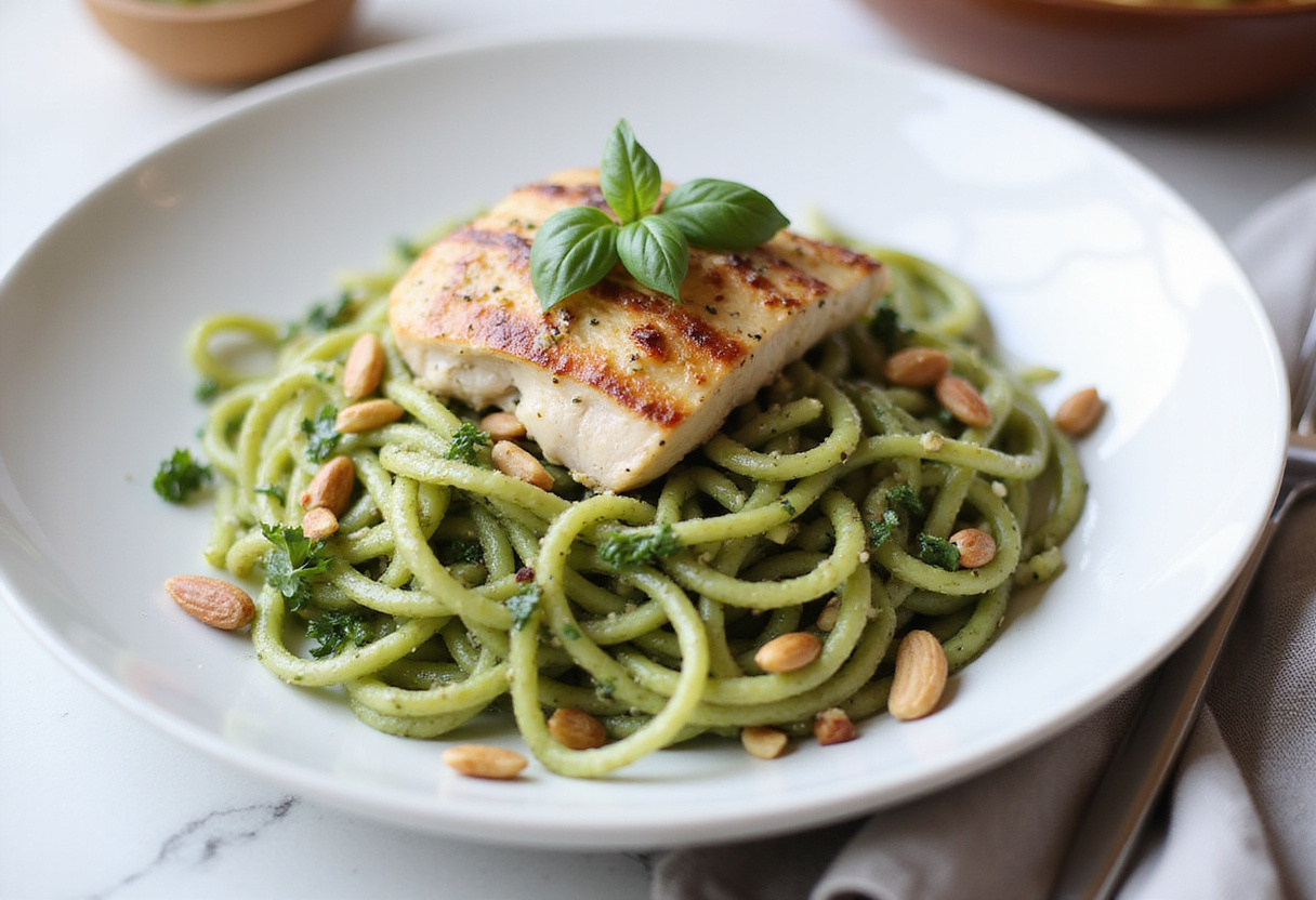 Final presentation of Pesto Zucchini Noodles with Grilled Chicken, showcasing the vibrant dish garnished beautifully for an appetizing look.