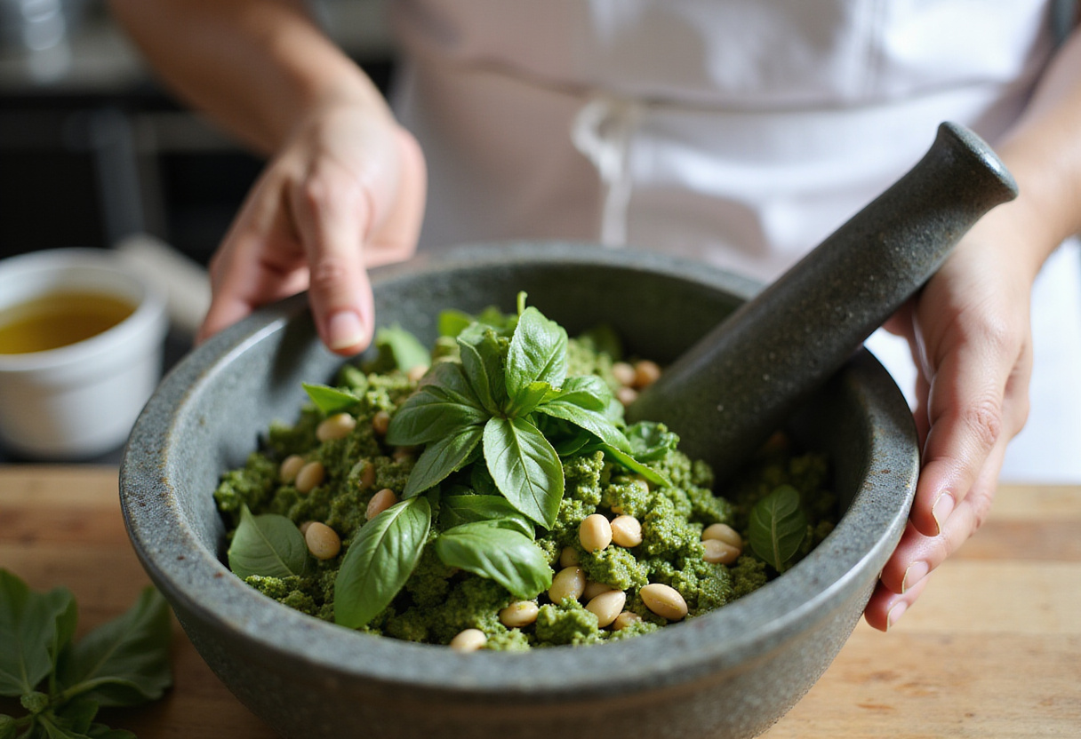 Making homemade pesto for Pesto Zucchini Noodles with Grilled Chicken, highlighting fresh ingredients and cooking tools.