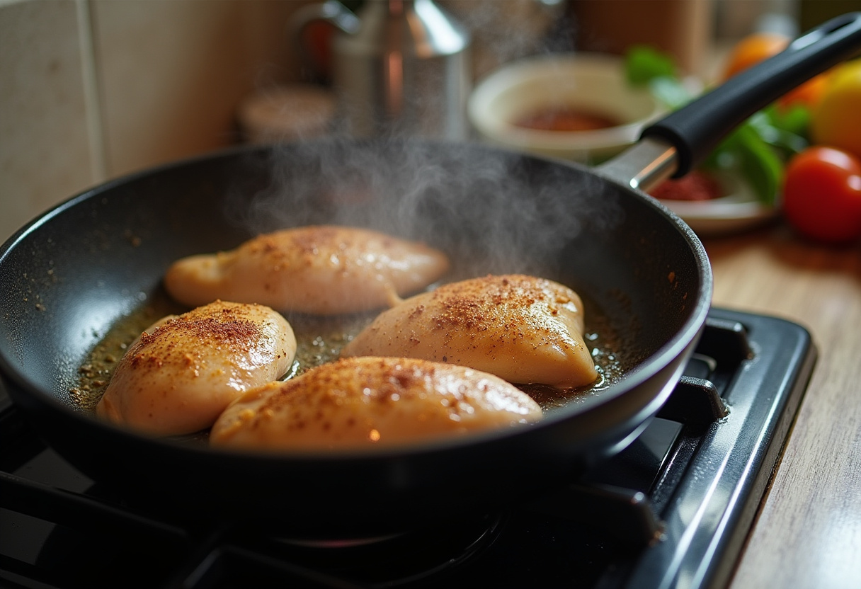 Grilling chicken for Pesto Zucchini Noodles with Grilled Chicken, emphasizing the cooking process and delicious seasoning.