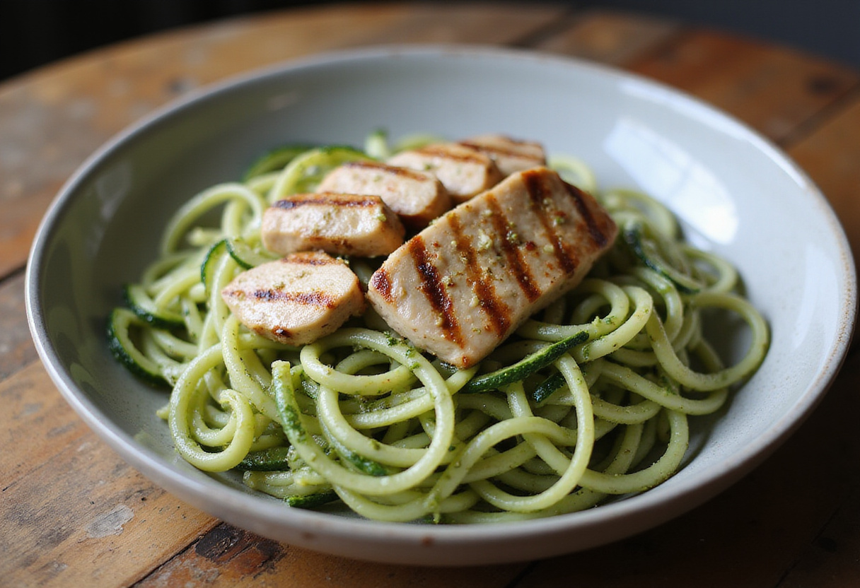 Combining zucchini noodles with pesto sauce and grilled chicken for a vibrant Pesto Zucchini Noodles with Grilled Chicken dish.
