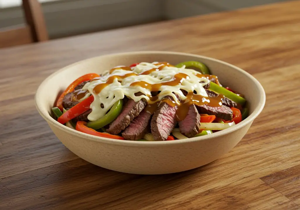 Final presentation of Philly Cheesesteak Bowl, showcasing delicious steak, fresh vegetables, and melted cheese, a perfect low-carb dinner ready to serve.