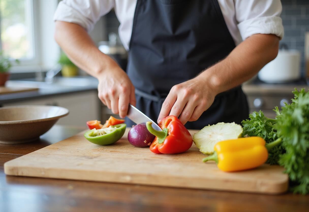 Fresh vegetables preparation for Philly Cheesesteak Bowls, vibrant bell peppers and onions sliced on cutting board, perfect for low-carb dinner.