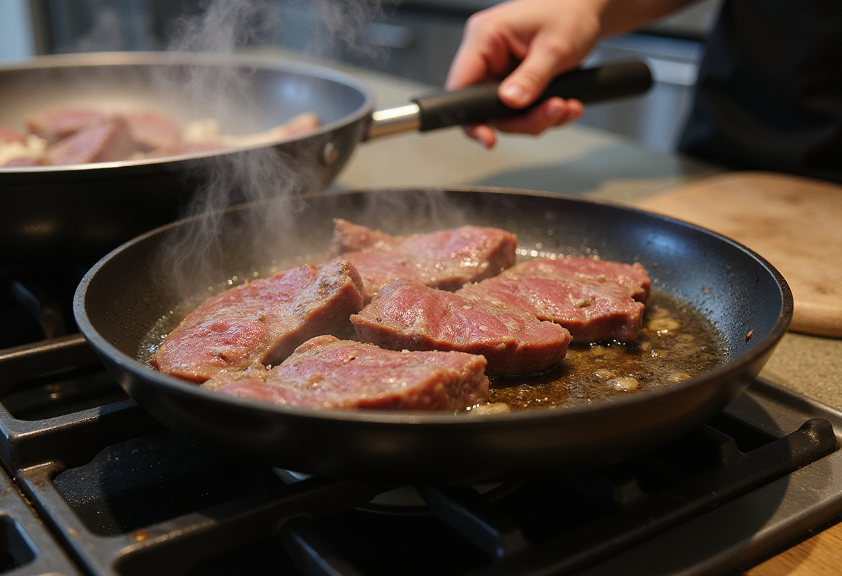 Cooking sliced steak for Philly Cheesesteak Bowls, skillet sizzling with juicy meat, a perfect low-carb dinner preparation in process.