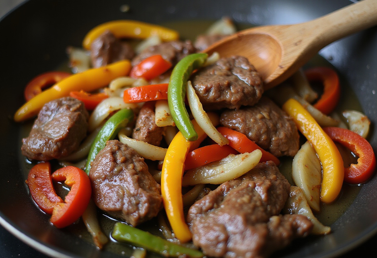 Combining cooked steak with sautéed peppers and onions for Philly Cheesesteak Bowls, delicious caramelized mix, ideal for a quick low-carb dinner.