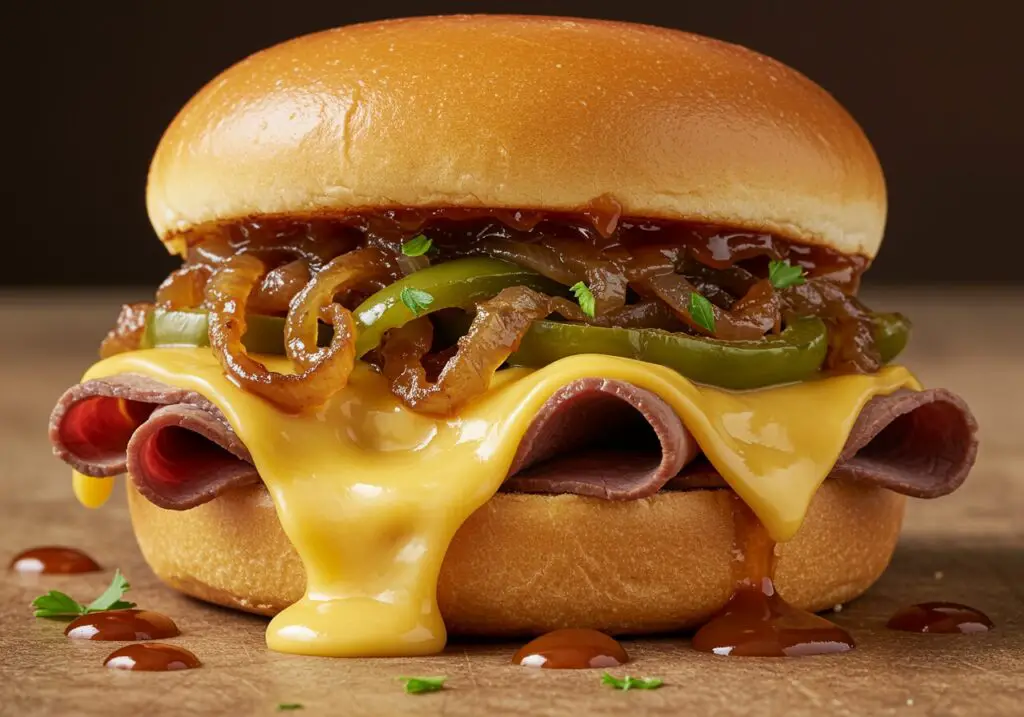Gourmet presentation of a Philly Cheesesteak Sloppy Joe featuring melted cheese and a hearty filling, perfect for satisfying cravings.