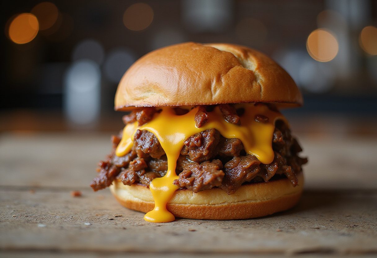 Gourmet presentation of a Philly Cheesesteak Sloppy Joe featuring melted cheese and a hearty filling, perfect for satisfying cravings.