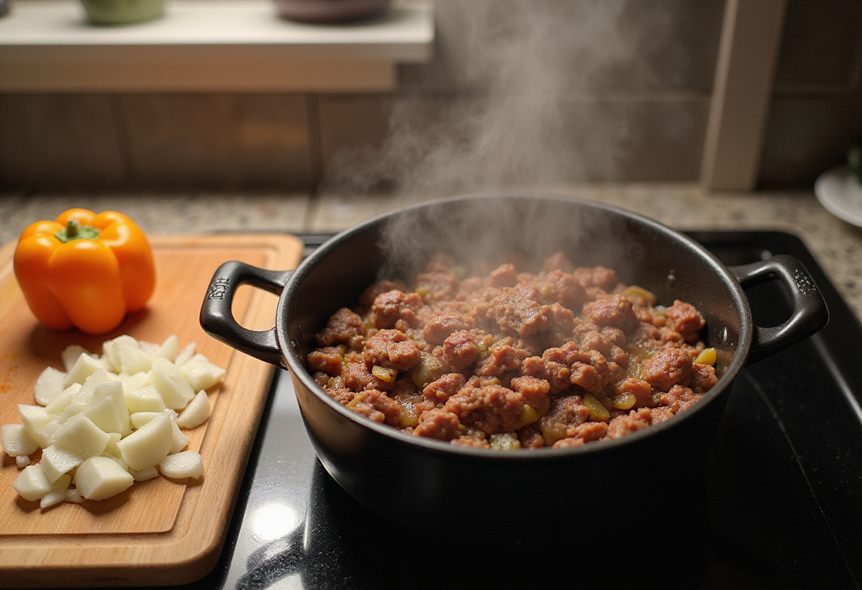 Delicious Philly Cheesesteak Sloppy Joes cooking with ground beef, onions and peppers in a skillet for a savory flavor.