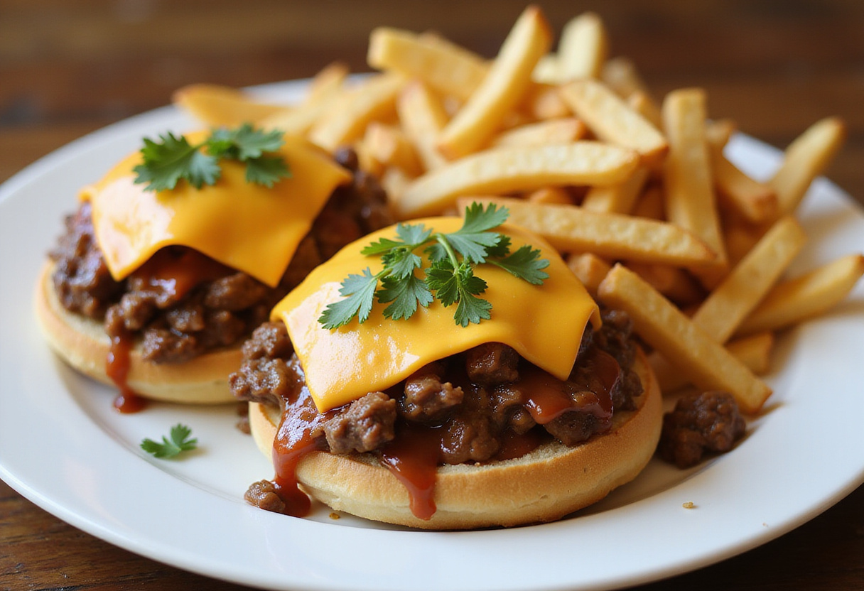 Delectable serving of Philly Cheesesteak Sloppy Joes ready to eat, plated with fries and garnished for an inviting meal presentation.