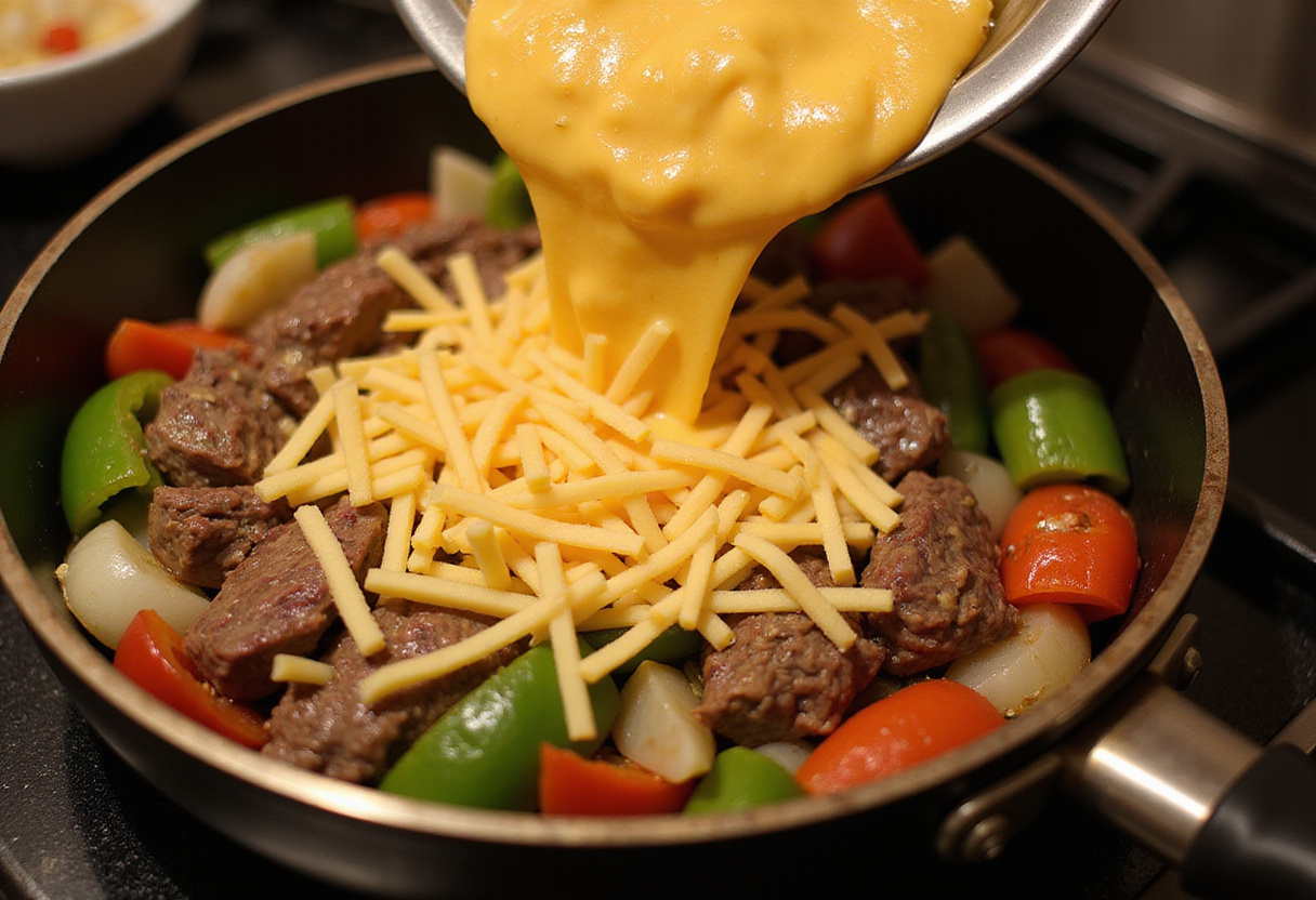 Melting cheese over the steak and vegetables for Philly Cheesesteak Tortellini Pasta, enhancing the dish's creamy texture.