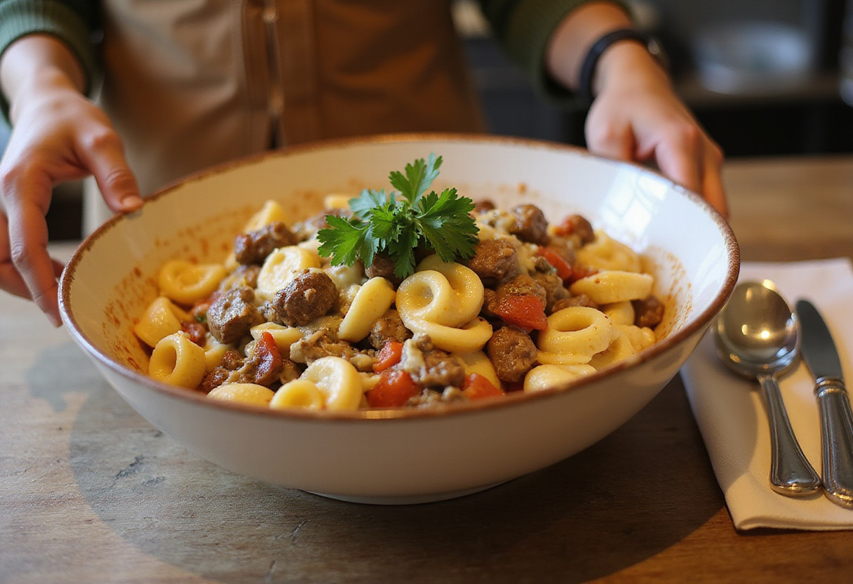 Combining tortellini with cheesy steak and veggies for Philly Cheesesteak Tortellini Pasta, showcasing the rich and inviting flavors.