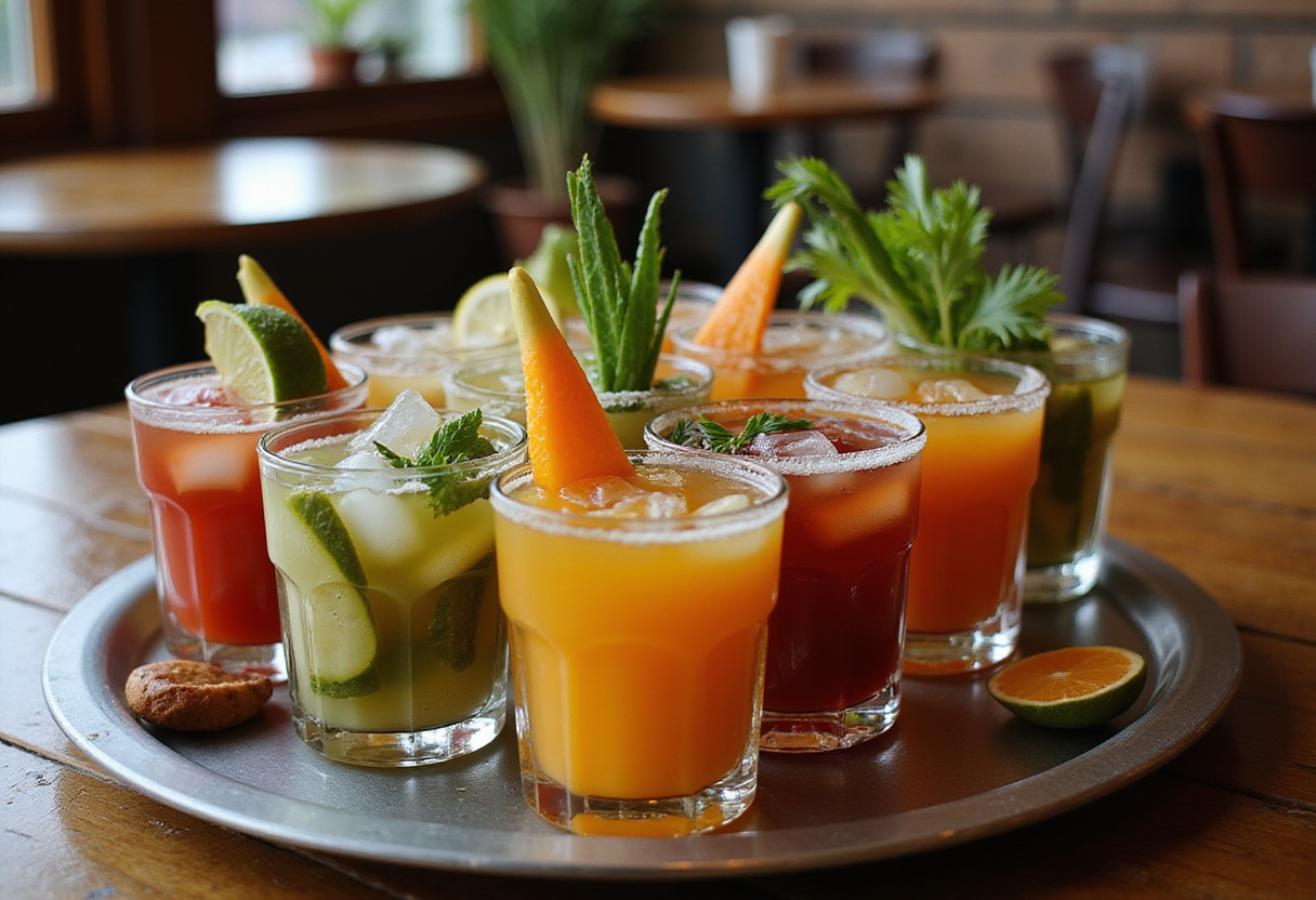Final presentation of pickle-infused drinks on a serving tray, showcasing vibrant colors and garnishes for an inviting cocktail party.