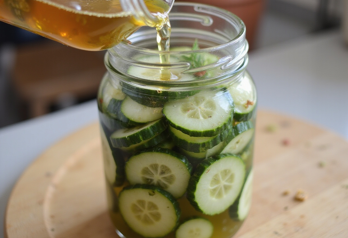 Creating pickle-infused drinks by layering cucumbers with spices and vinegar in a mason jar for a tangy flavor.