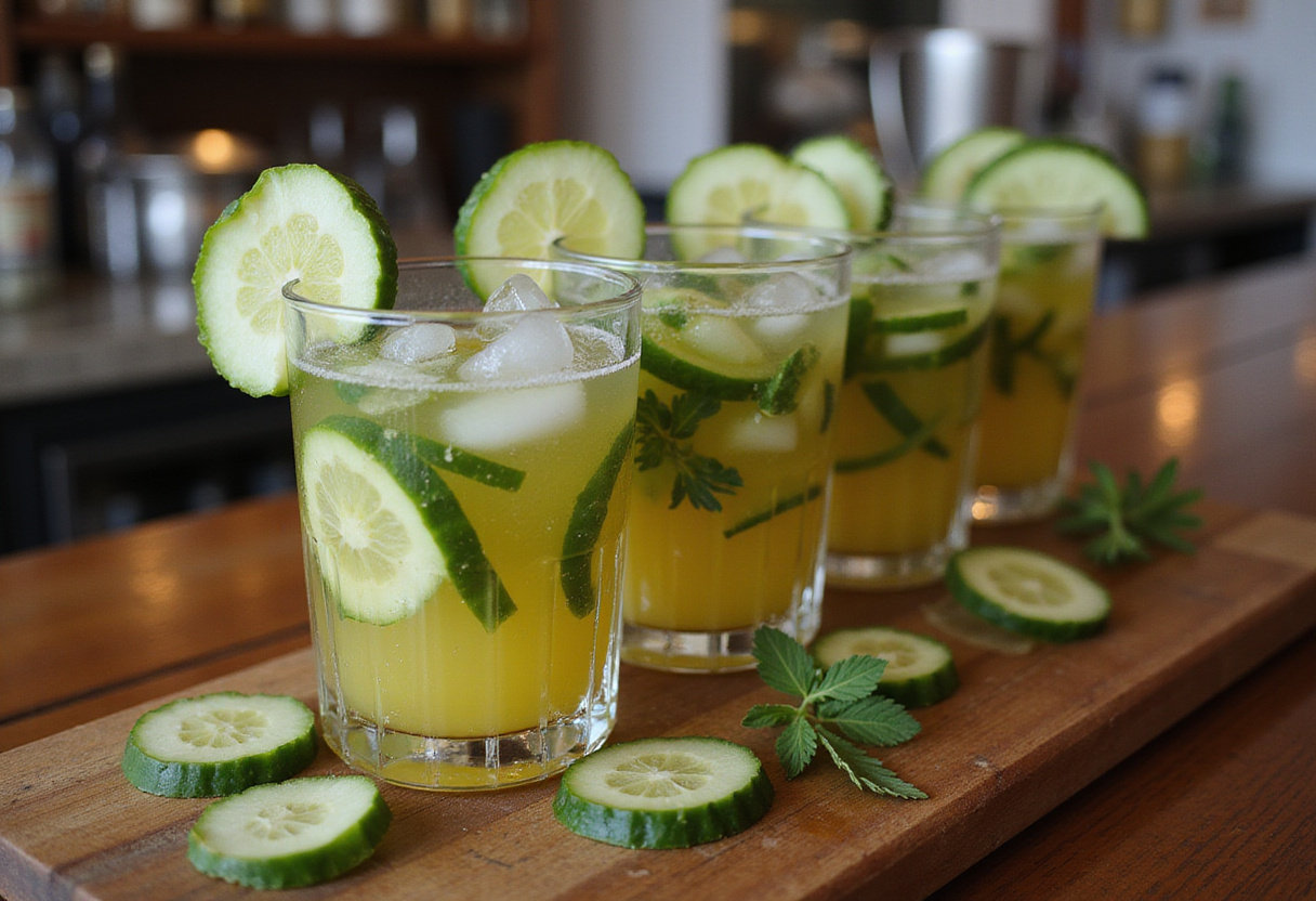 Enjoying pickle-infused drinks, beautifully garnished and presented in glasses for a refreshing cocktail experience.