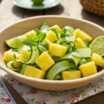 Final presentation of Pineapple Cucumber Salad in a beautiful bowl, garnished and ready to serve at a summer gathering.