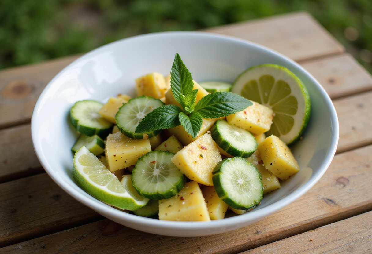 Final presentation of Pineapple Cucumber Salad in a beautiful bowl, garnished and ready to serve at a summer gathering.