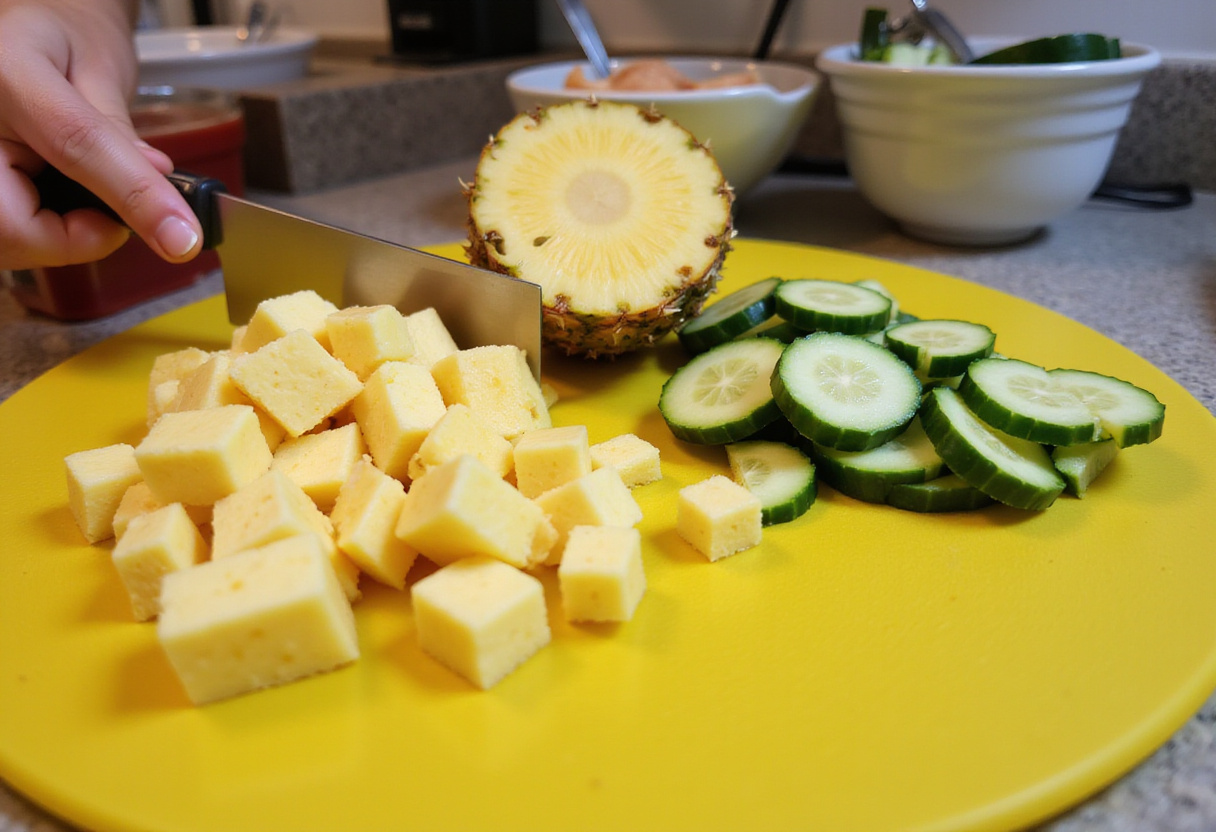 Pineapple Cucumber Salad preparation with freshly cut pineapple and cucumbers on a bright cutting board.