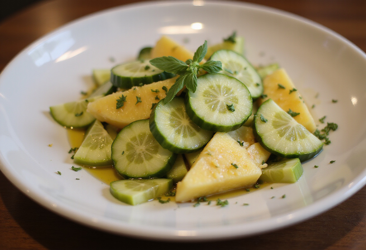 Plating the colorful Pineapple Cucumber Salad in a shallow dish, garnished with fresh herbs and olive oil for an appetizing look.