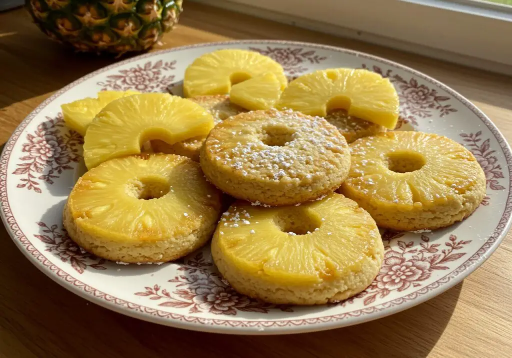 Delicious pineapple upside sugar cookies elegantly presented on a plate, garnished with fresh pineapple, perfect for a delightful dessert experience.