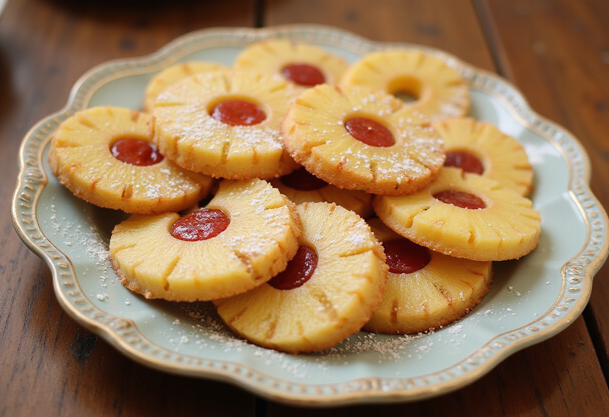 Delicious pineapple upside sugar cookies elegantly presented on a plate, garnished with fresh pineapple, perfect for a delightful dessert experience.