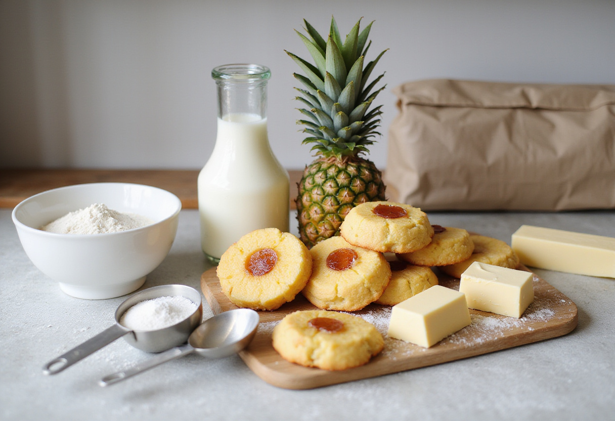 Ingredients for pineapple upside sugar cookies including fresh pineapple, flour, and sugar on a kitchen countertop, perfect for baking enthusiasts.