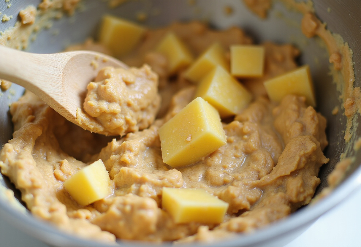 Mixing cookie dough for pineapple upside sugar cookies, showcasing a creamy texture and pineapple pieces in a kitchen setting.