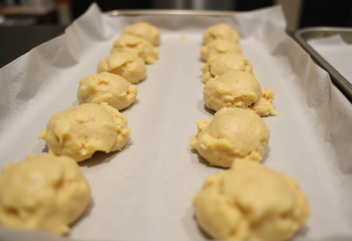 Uncooked pineapple upside sugar cookies on parchment paper, prepared for baking on an oven tray, with a focus on the cookie dough.