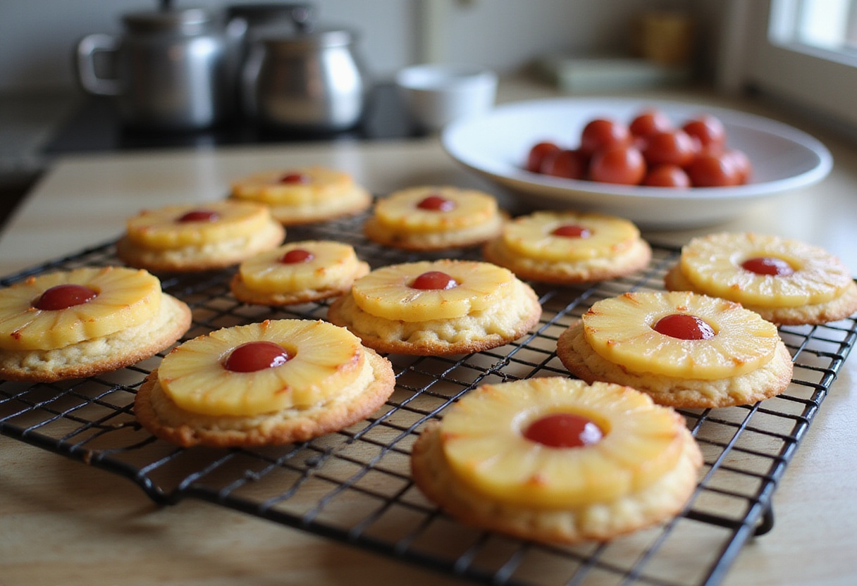 Freshly baked pineapple upside sugar cookies cooling on a wire rack in a sunny kitchen, ideal for dessert lovers.