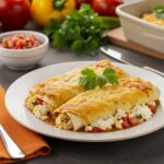 Serving protein cottage cheese chicken enchiladas, a nutritious low carb meal with vibrant garnishes and a salsa dip on the side for added flavor.