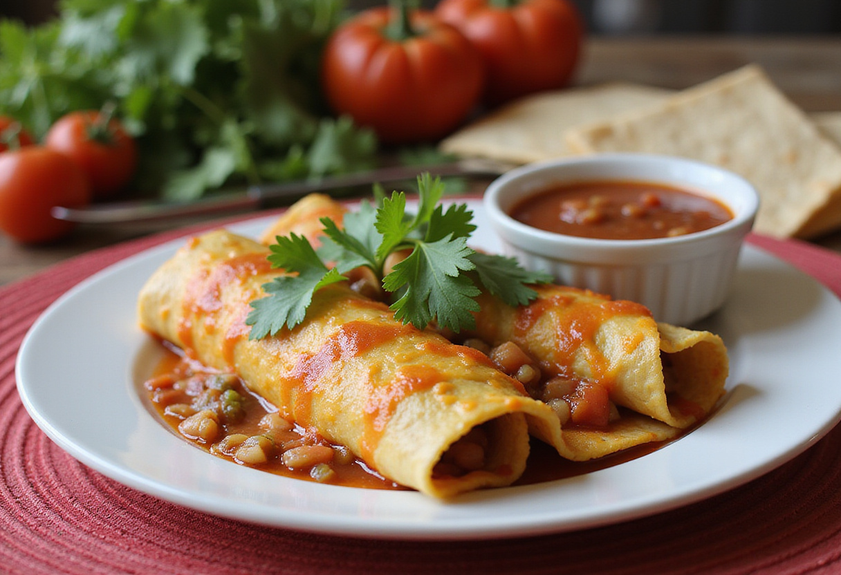Serving protein cottage cheese chicken enchiladas, a nutritious low carb meal with vibrant garnishes and a salsa dip on the side for added flavor.