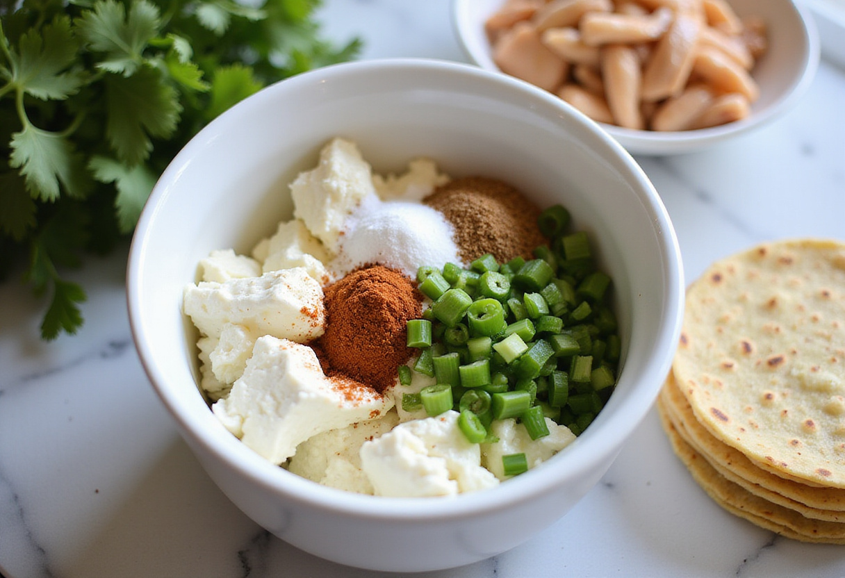 Mixing low-fat cottage cheese, green onions, and spices for protein-packed cottage cheese chicken enchiladas, perfect for low carb diets.
