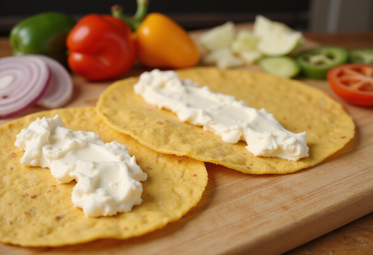 Preparing corn tortillas for protein cottage cheese chicken enchiladas, with vibrant veggies creating a low carb meal prep scene.