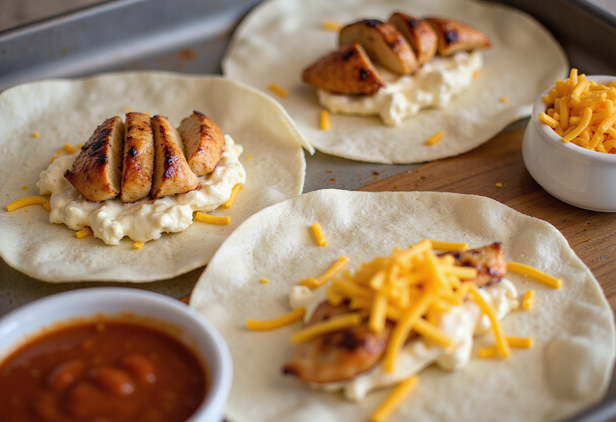 Filling tortillas with shredded chicken and cottage cheese mixture for healthy chicken enchiladas, showcasing a delicious low carb recipe preparation.