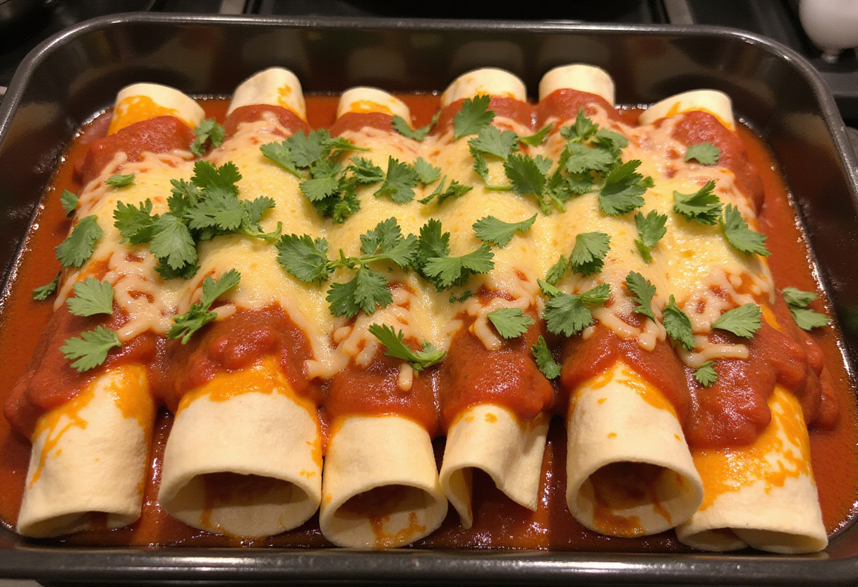 Baking healthy protein cottage cheese chicken enchiladas in a dish, topped with sauce and cheese, creating a low carb culinary delight.