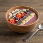 Final presentation of a colorful protein smoothie bowl, a nutritious and delicious breakfast option.